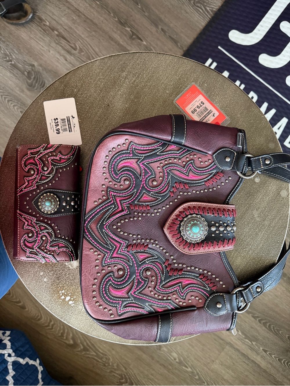 Montana West Burgundy and Pink Embroidered Shoulder Bag with Matching Wallet